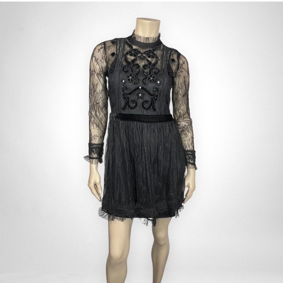 Zara Dresses & Skirts - ZARA BASIC Small Black Lace Sheer Long Sleeve Dress High Neck Little Black Dress